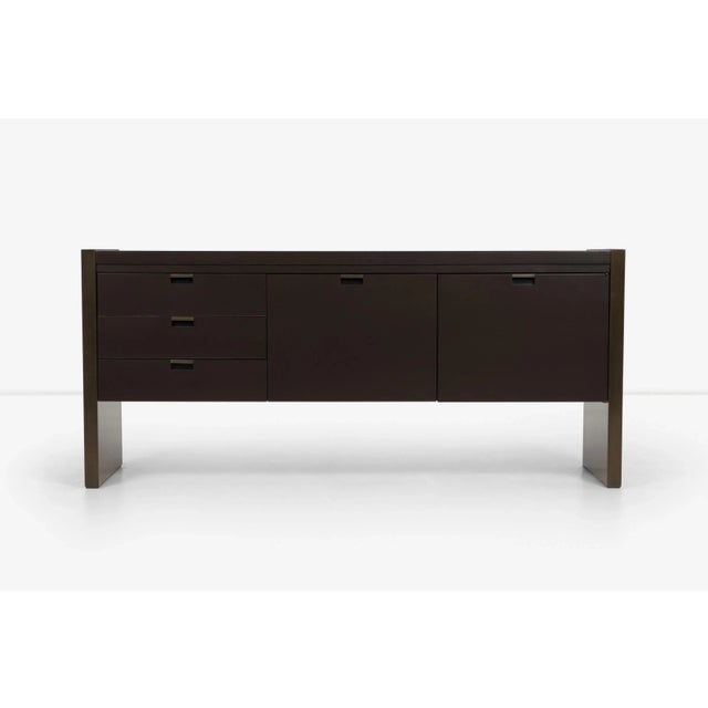 Roger Sprunger for Dunbar credenza, bronze sides with two file drawers and 3 pencil drawers. (Dunbar label inside drawer).