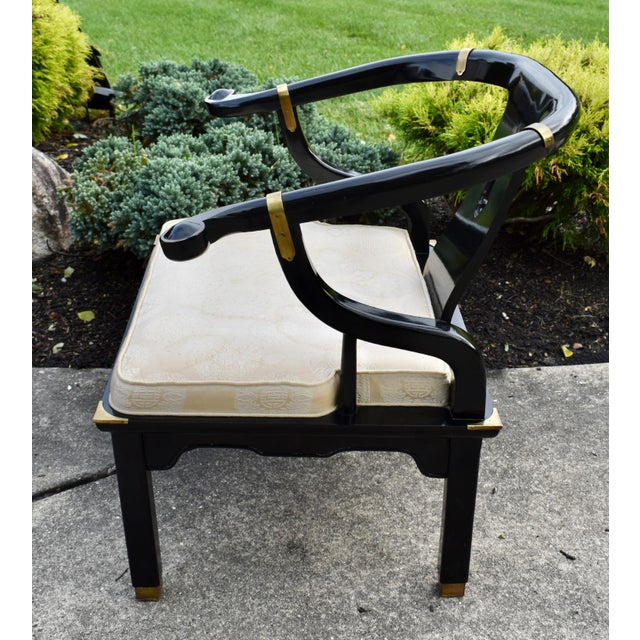 Black Vintage Century Chair Black Lacquer Horseshoe Ming Chair Brass Accents For Sale - Image 8 of 17