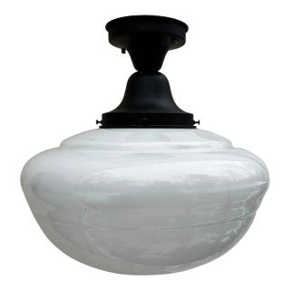 Vintage Large Schoolhouse Globe With Dark Brass Flushmount Ceiling Fixture For Sale