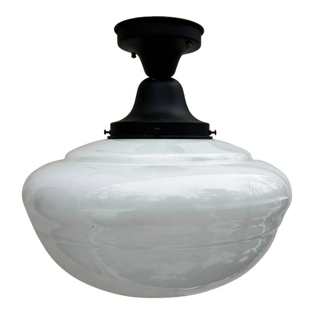 Vintage Large Schoolhouse Globe With Dark Brass Flushmount Ceiling Fixture For Sale