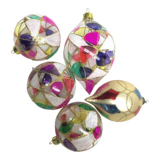Vintage Bohemian Blown Art Glass Holiday Hanging Ornaments Set of 5 For Sale