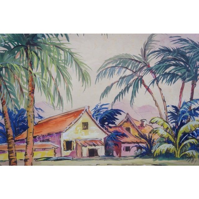Late 20th Century Talbot Southeast Asian Fishing Village Watercolor on Silk Painting 27" For Sale - Image 11 of 11