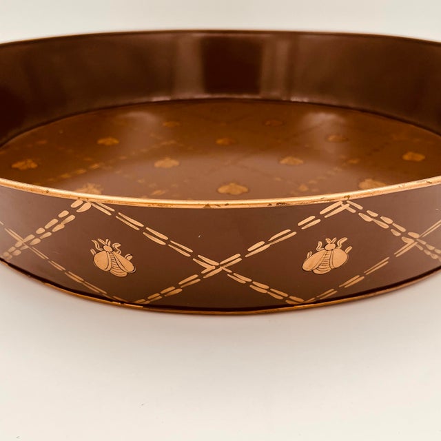 Vintage French Tole Metal Toleware Gold Napoleonic Bee Large Tray, Ottoman Tray For Sale - Image 4 of 9