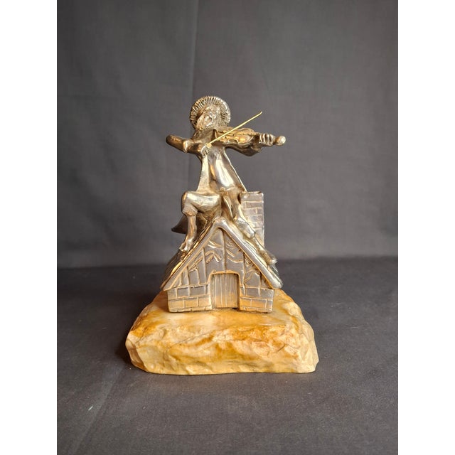 Metal Vintage Sterling Silver 925 Fiddler on the Roof Figurine on Marble Base 6.5" For Sale - Image 7 of 18