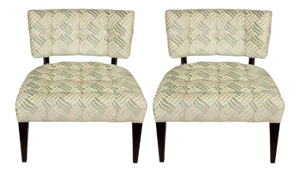 Low Mid-Century Modern Chairs in Fret Velvet Fabric - A Pair