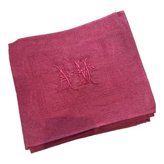 Late 19th Century French Damask Napkins in Raspberry- Set of 10 For Sale
