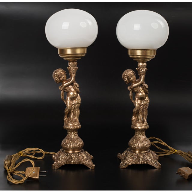 1950s Spanish Neo-Classical Cast Brass Cherubs / Putti Table Lamps With Opal Glass Shades - A Pair For Sale - Image 12 of 12