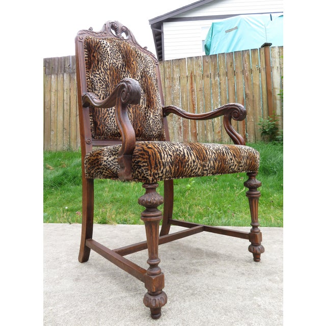 Antique Carved Wood Spanish Revival Arm Throne Chair W/ Leopard Tiger Jungle Cat Velvet Upholstery For Sale - Image 9 of 17