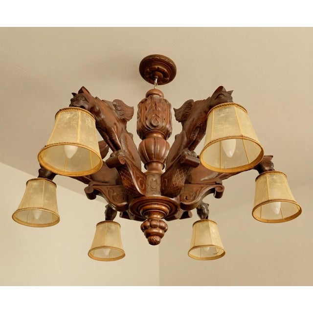 Baroque Antique Black Forest Gothic Revival Carved Wood Chandelier with Gargoyles and Mascarons, 1940s For Sale - Image 3 of 17