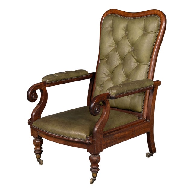 Antique English Mahogany Reclining Armchair with Green Leather Upholstery, 19th Century For Sale