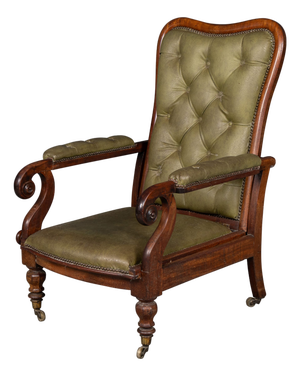 Antique English Mahogany Reclining Armchair with Green Leather Upholstery, 19th Century