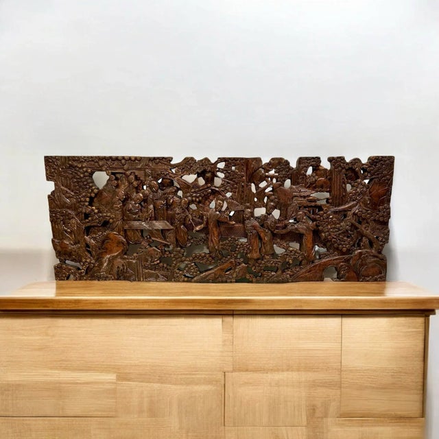 Large Chinese intricately carved wall panel from a single thick wood plank depicts cultural fine art scenes; calligraphy,...
