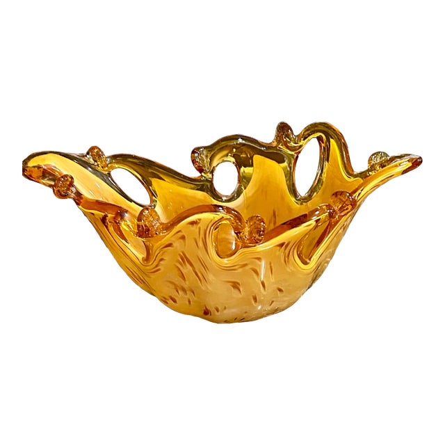 1960s Amber Colored Murano Glass Vase/Cachepot, Handmade in Italy, Tiger Design, Sommerso Technique For Sale