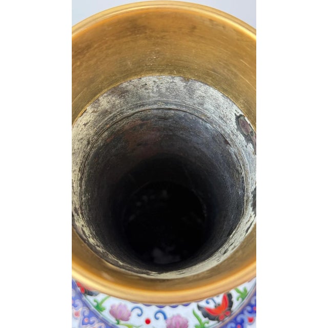 Pair of Chinese Cloisonne Enamel Vases Lotus White and Floral Butterflies For Sale - Image 9 of 10