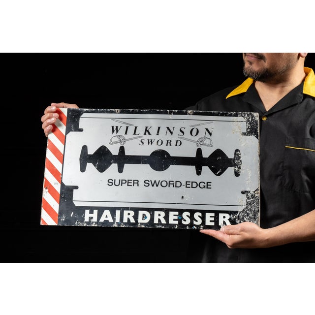 Traditional Vintage Wilkinson Sword Hairdresser Heavy Tin Litho Sign For Sale - Image 3 of 10