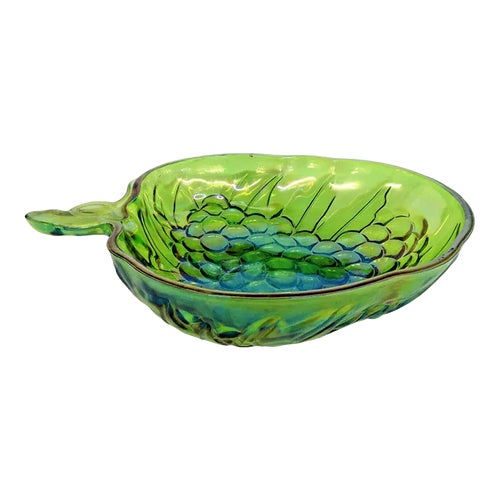 Indiana Carnival Glass Iridescent Green Grape Serving Salad Fruit Bowl