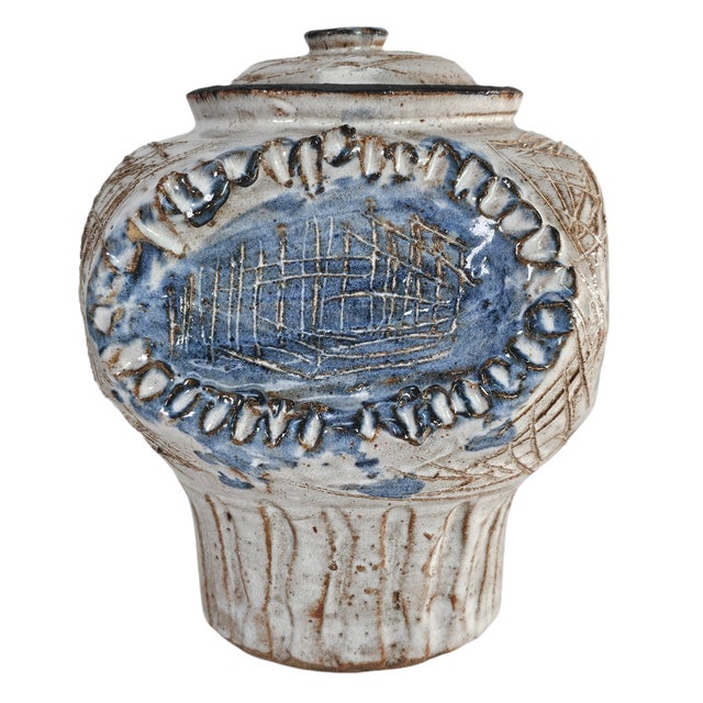 Rustic Studio Art Pottery Scraffito Blue and Gray Vase 7.25" For Sale - Image 3 of 12