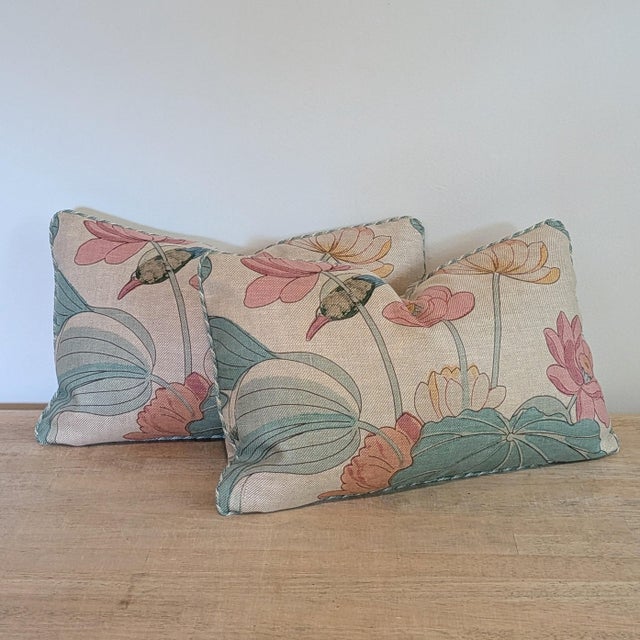 Not Yet Made - Made To Order Lee Jofa Nympheus Twill Lumbar Pillows in Pink/Teal With Braided Multi Cord- Pair For Sale - Image 5 of 6