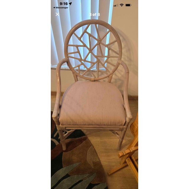 Hollywood Regency Vintage McGuire Style Sheaf of Wheat Rattan Dining Table & Elinor McGuire Style Cracked Ice Armchairs – Set of 5 For Sale - Image 3 of 9