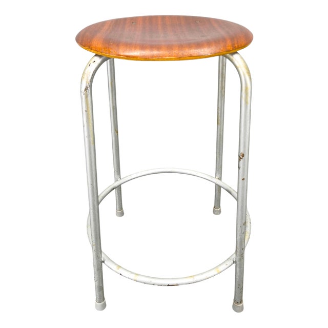 German Industrial Stool with Plywood Seat, 1950s For Sale
