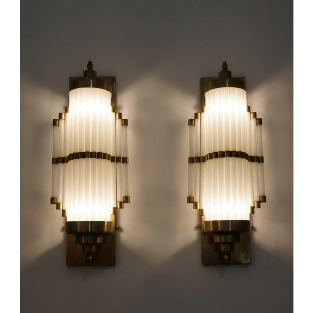 1940s Pair Skyscraper Vintage Art Deco Light Old Lamp Wall Sconces Fixture Brass & Milk Glass Rod Ship Light For Sale - Image 5 of 7