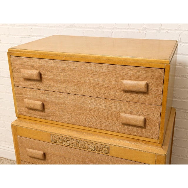 Early 20th Century Early 20th Century Art Deco Blonde Wood Highboy Dresser With Carved Detail For Sale - Image 5 of 12