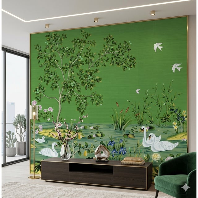 Green W36"*h72", Serene Garden Swan Chinoiserie Art Panel Set (2 Panels Without Frame),Tea Paper For Sale - Image 8 of 8