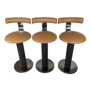 1980s Design for Leisure Metal Bar Stools With Leather Seats- Set of 3