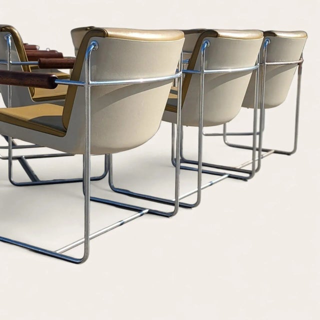 Mid-Century Modern Set of Eight Krueger Afka Mustard Vinyl, Walnut & Chrome Armchairs, C. 1969 For Sale - Image 3 of 10