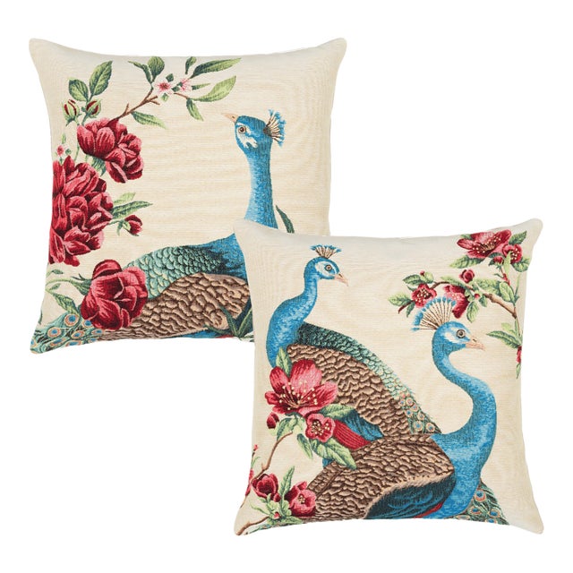 Pair of Peacocks & Flowers Tapestry Cushions With Feather Filler - 46x46cm For Sale