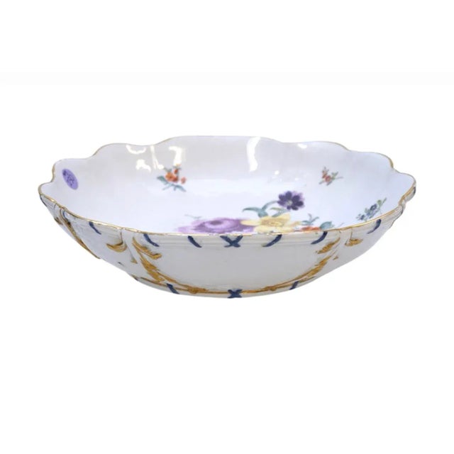 Late 19th Century Large Antique Meissen Floral Scalloped Porcelain Bowl With Gilt Accents For Sale In Charlotte - Image 6 of 7