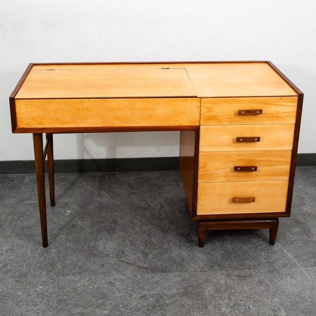 Brown Mid Century Modern Vanity Desk Birch Walnut Drawers Mirror Italian Blonde Wood For Sale - Image 8 of 10