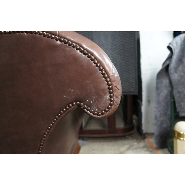Late 20th Century Baker Furniture Stately Homes Tufted Brown Leather & Walnut Chatsworth Sofa For Sale - Image 13 of 15