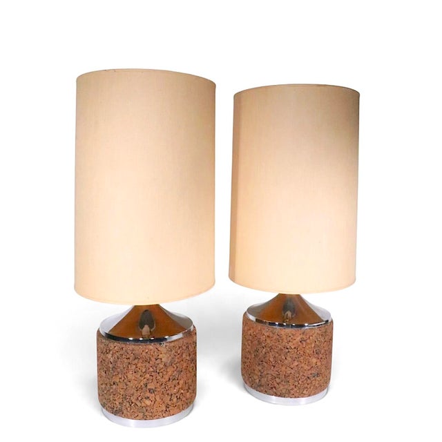 Mid 20th Century Danish Modern Cork and Chrome Table Lamps With Original Shades - Pair For Sale - Image 11 of 14