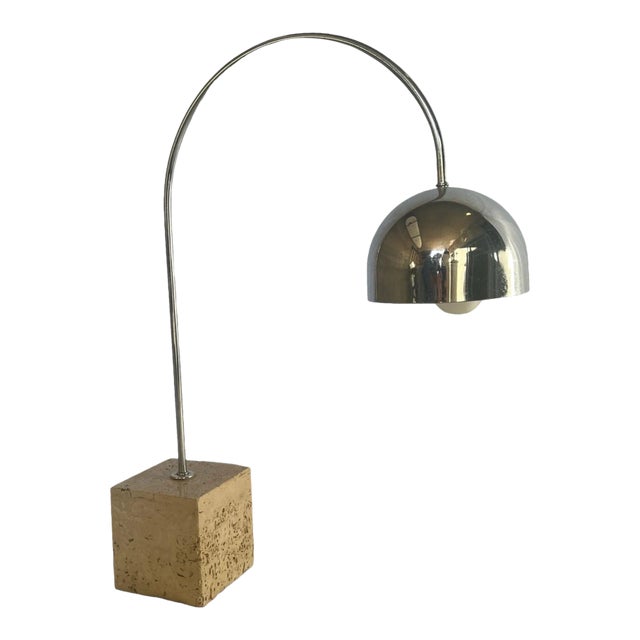 Mid-Century Modern Chrome and Travertine Arc Table Lamp by Harvey Guzzini, Italy For Sale