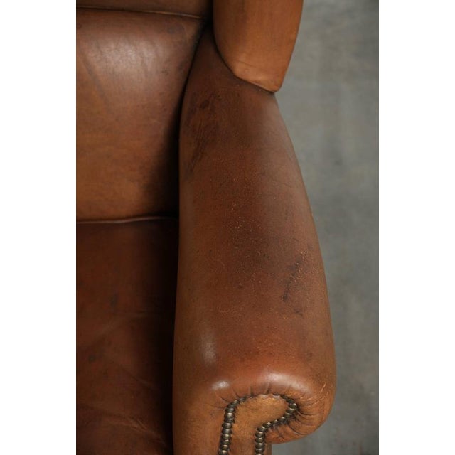 Brown Sheepskin Wing Armchair in Warm Cognac Color For Sale - Image 8 of 13