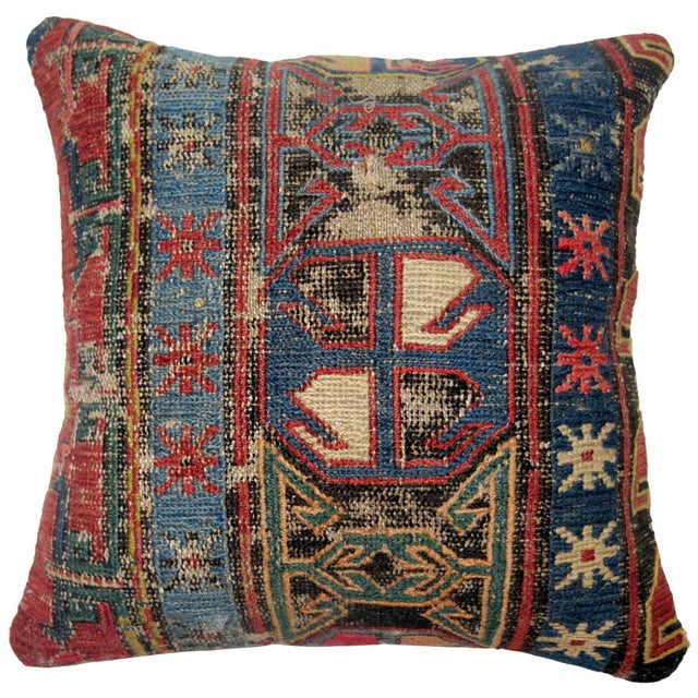 Pillow made from a mid-19th century Persian Soumac with zipper closure included. Size: 13" x 14".