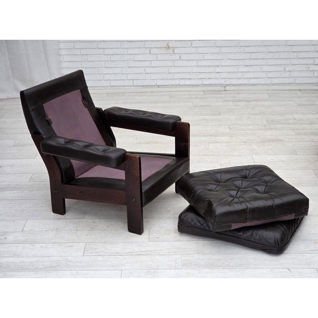 Danish Armchair in Brown Leather and Oak, 1970s For Sale - Image 6 of 14