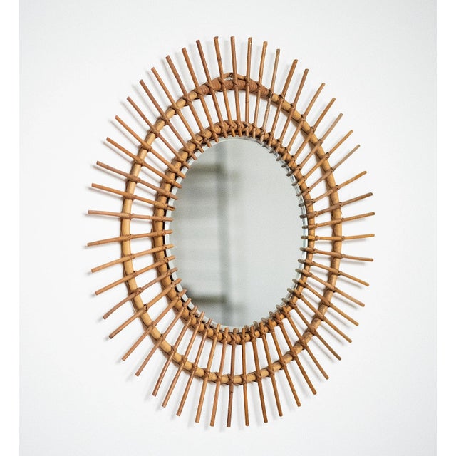 French French Mid-Century Sunburst or Starburst Mirror of Bamboo & Rattan (Dia 27 3/8) For Sale - Image 3 of 11