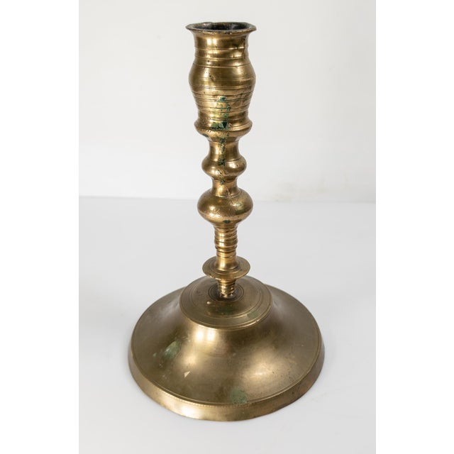 17th or 18th Century Rustic Make Do Brass Candlestick With Later Base For Sale - Image 4 of 14