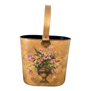 Gold Floral Metal Basket With Swing Handle – Hollywood Regency Style For Sale