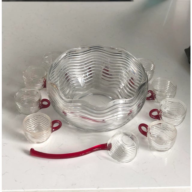 Glass 1930s Duncan Miller Carribean Wave Party Punch Bowl Set by in Ruby Red-12 Pieces For Sale - Image 7 of 7