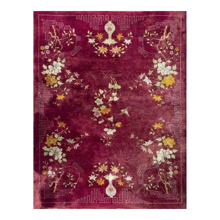 1920s Deep Red Field Floral Greek Key Antique Chinese Art Deco 8'10" X 11'6" Rug For Sale