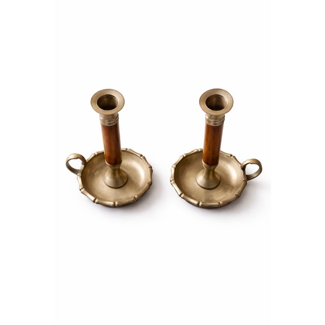Mid-Century Modern Mid-Century Modern Brass and Wood Chamber Candlesticks with Ring Handle, 1950, Set of 2 For Sale - Image 3 of 8