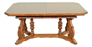 Early Romweber Antique English Jacobean Carved Oak Extension Dining Table, Circa 1900
