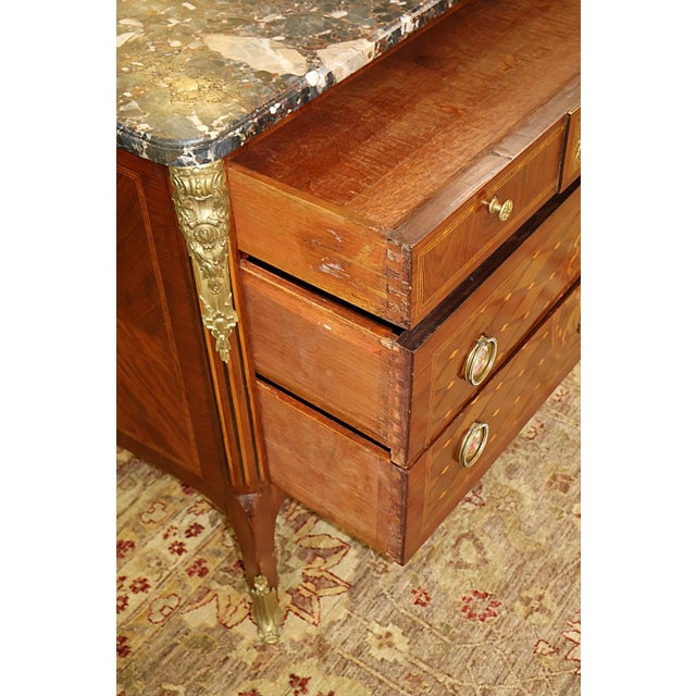 Brown French Louis XVI Style Marble Top Bronze Mounted Inlaid Dresser Commode C 1920's For Sale - Image 8 of 11