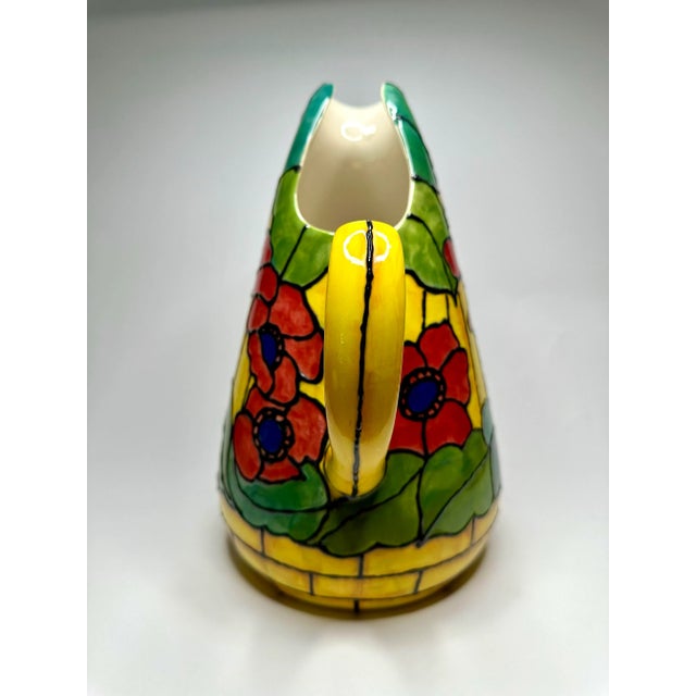 Vintage Art Nouveau Tiffany Style "Poppy Flowers" Painted Ceramic Pitcher, Yellow, Red, and Navy Blue For Sale - Image 4 of 11
