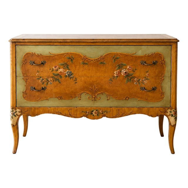 Vintage French Provincial Hand-Painted Floral Bombe Chest | Two-Drawer Painted Commoded For Sale