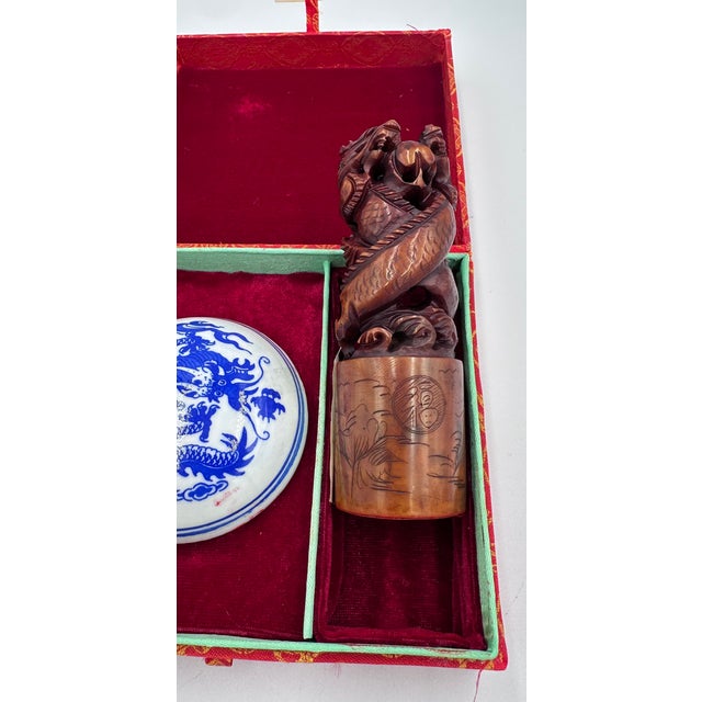 Vintage Chinese Dragon Hand Carved Soapstone Shop Seal & Red Ink Pot Set For Sale - Image 4 of 12