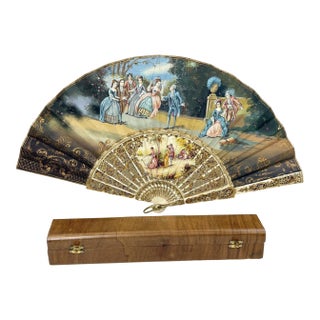 Antique Hand-Painted Silk Fan Signed J. Billvas in Original Simón Lanzarote (Roma) Box For Sale